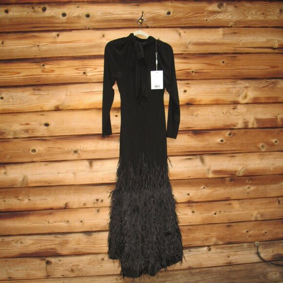 MAC DUGGAL  11839 Black Jersey Long Sleeve High Neck Feather Gown - Picture 13 of 16